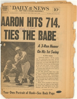 1974 "Aaron Hits 714, Ties The Babe" Daily News Paper Signed by Hank Aaron (Steiner)
